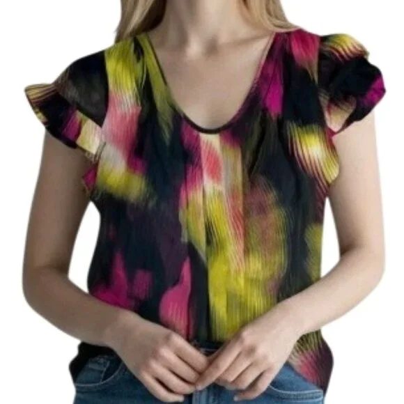 Worthington Petite Multi-color Abstract Sheer Cap Sleeve Blouse PL Colorful - Picture 1 of 12
